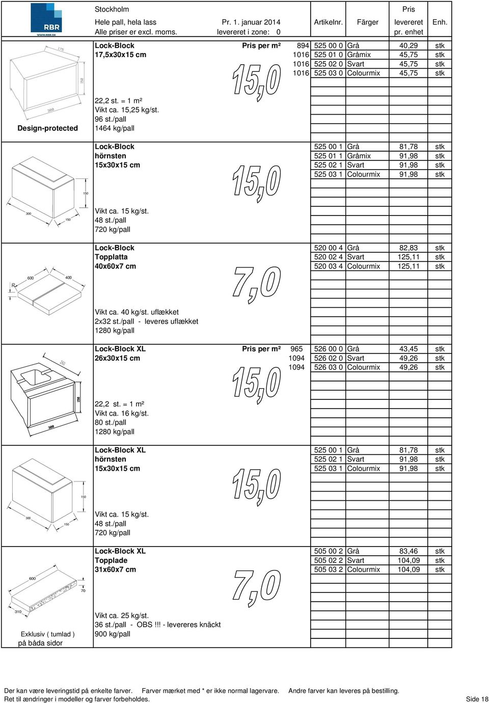 15 kg/st. 48 st./pall 720 kg/pall Lock-Block 520 00 4 Grå 82,83 stk Topplatta 520 02 4 Svart 125,11 stk 40x60x7 cm 520 03 4 Colourmix 125,11 stk 70 Vikt ca. 40 kg/st. uflækket 2x32 st.