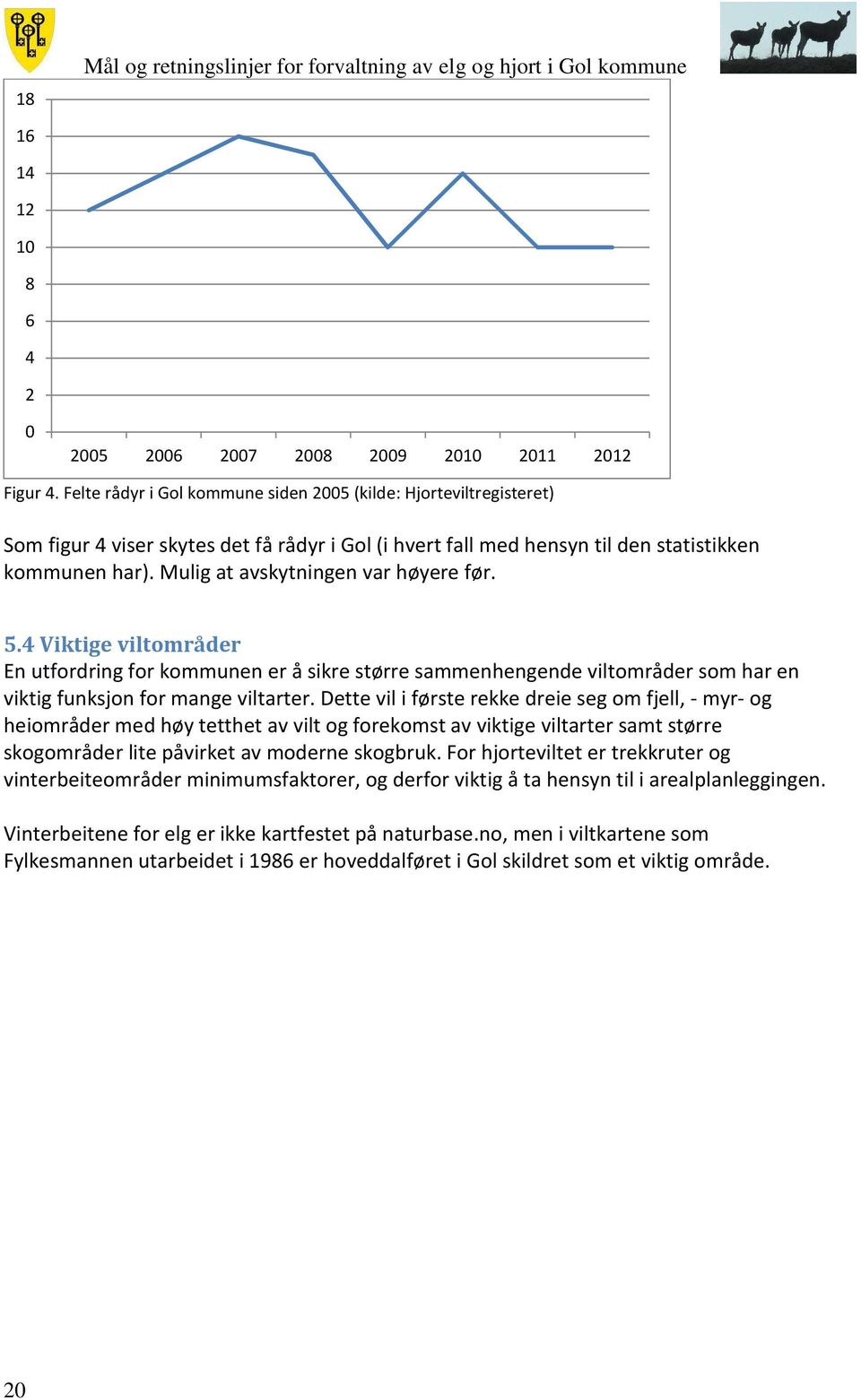 Mulig at avskytningen var høyere før. 5.4 Viktige viltområder En utfordring for kommunen er å sikre større sammenhengende viltområder som har en viktig funksjon for mange viltarter.