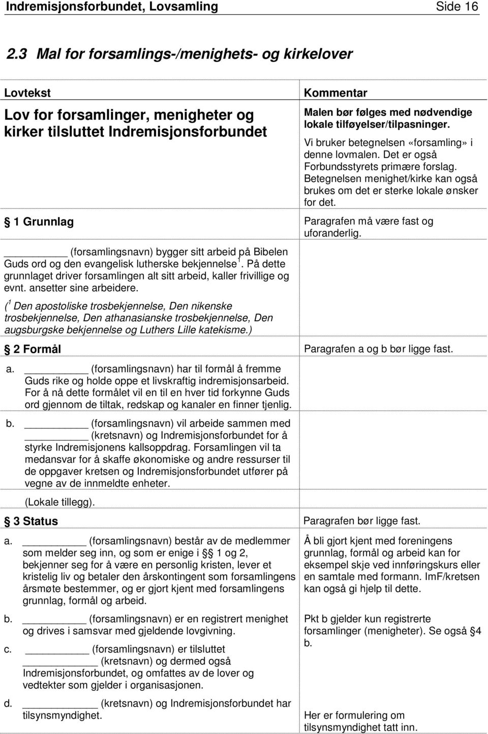 Vi bruker betegnelsen «forsamling» i denne lovmalen. Det er også Forbundsstyrets primære forslag. Betegnelsen menighet/kirke kan også brukes om det er sterke lokale ønsker for det.