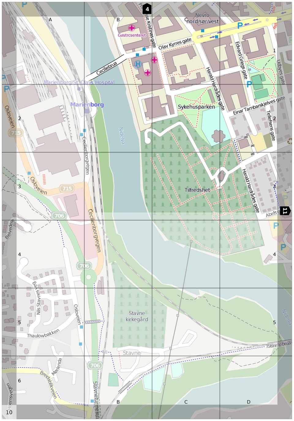 Olavs Hospital Marienborg Sykehusparken Einar Tambarskjelves gate Osloveien Tellefsens gate Nidelva 75 ecilienborgvegen Harald