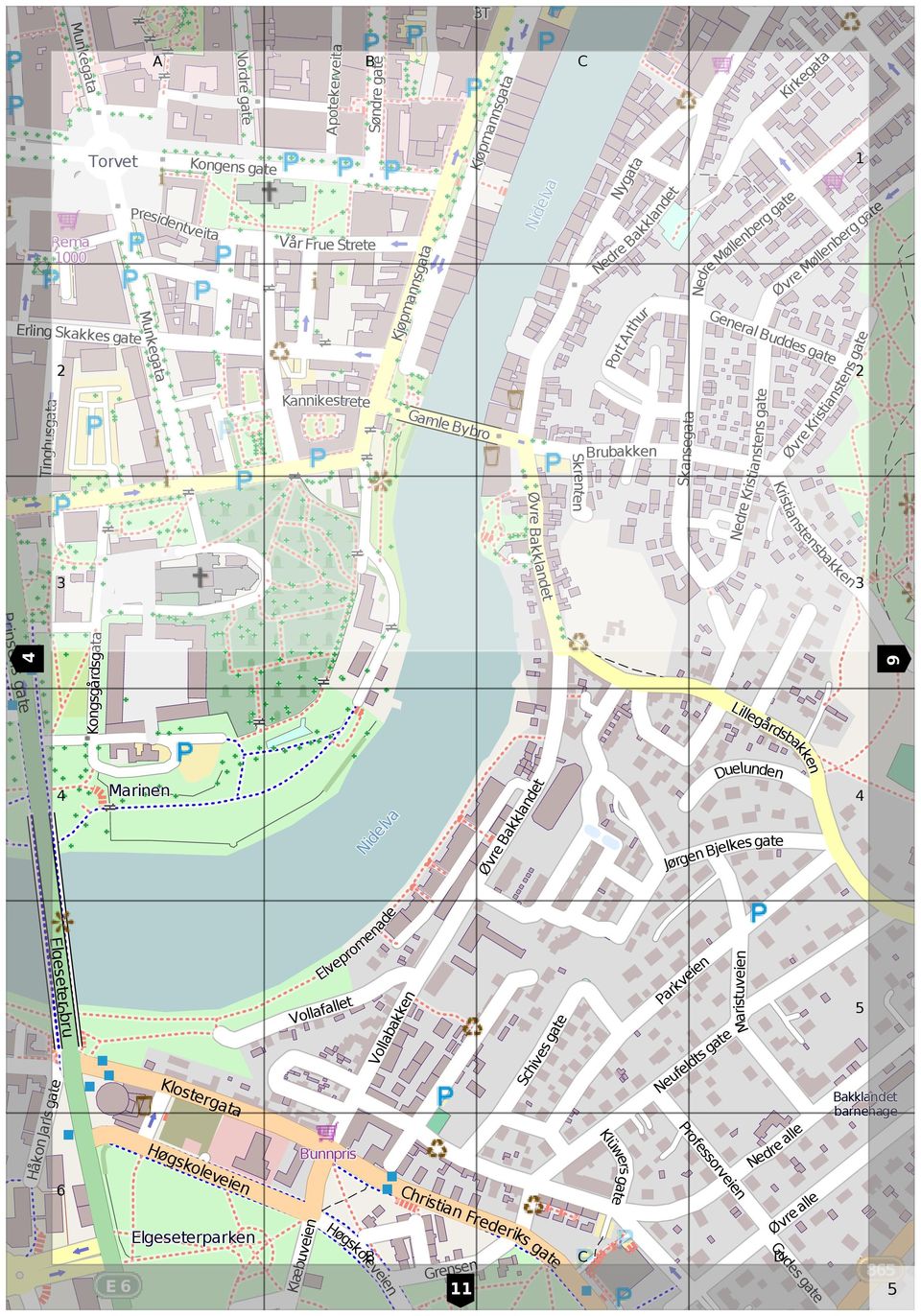 Kristianstens gate Kristianstensbakken Øvre akklandet Prinsens gate 4 Kongsgårdsgata Lillegårdsbakken Nidelva uelunden 4 Marinen 4 Øvre akklandet Jørgen jelkesgate Elgeseter bru Håkon Jarls gate E