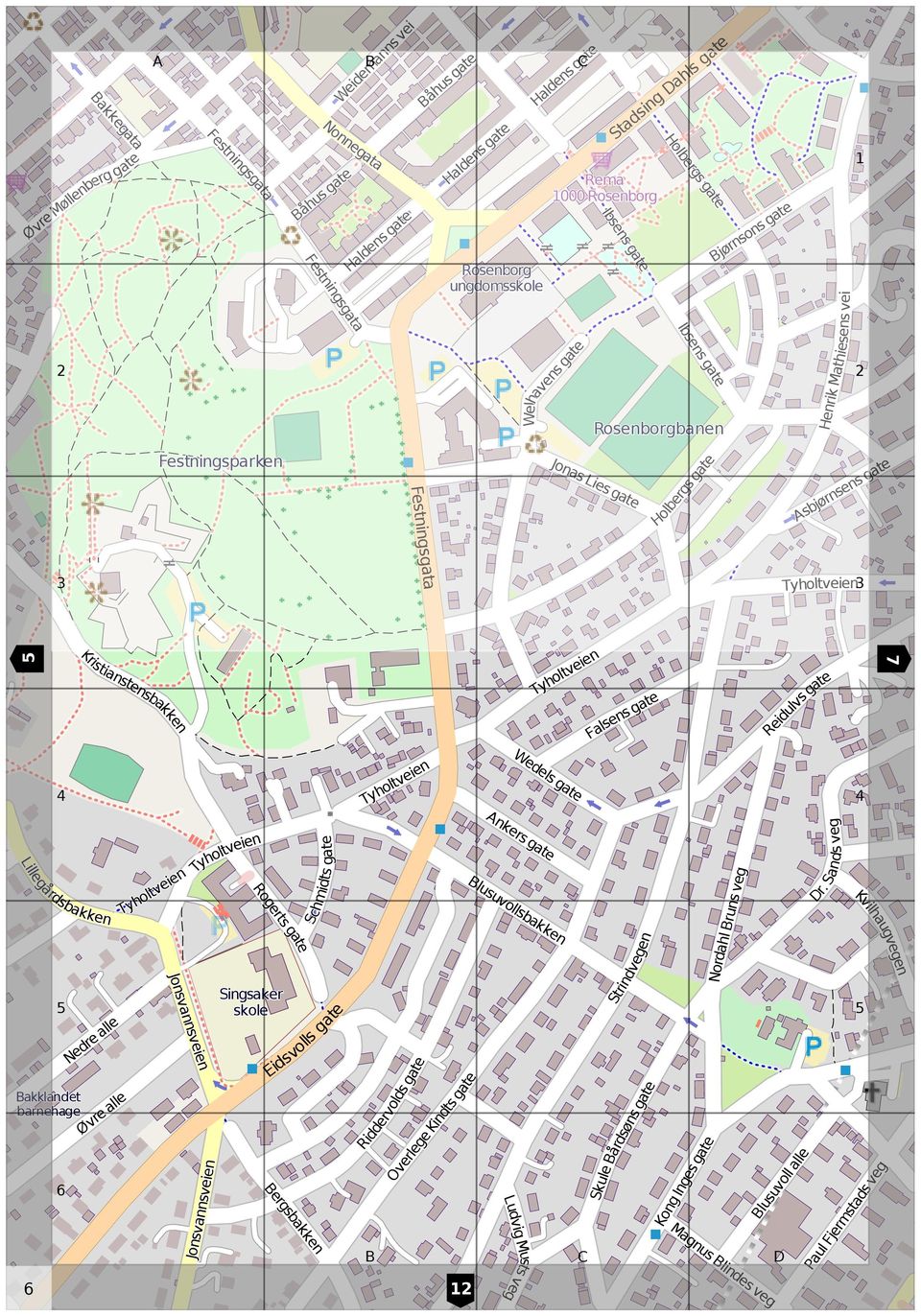 Kristianstensbakken 5 Falsens gate Reidulvs gate 7 Wedels gate Lillegårdsbakken akklandet Nedre alle Øvre alle Rogerts gate Schmidts gate Eidsvolls gate ergsbakken Riddervolds gate Overlege Kindts