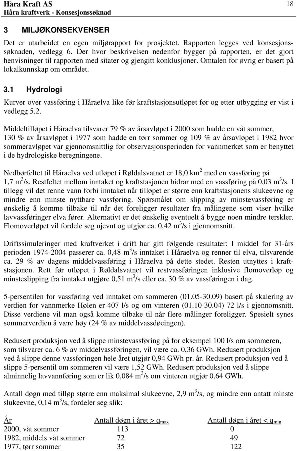 1 Hydrologi Kurver over vassføring i Håraelva like før kraftstasjonsutløpet før og etter utbygging er vist i vedlegg 5.2.