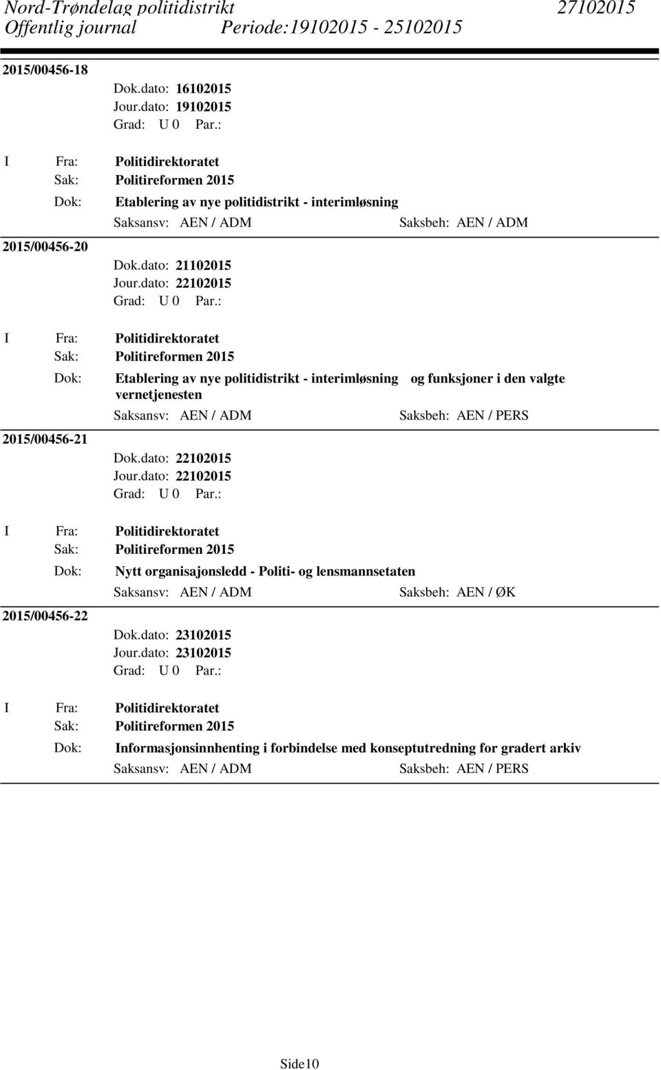 Saksansv: AEN / ADM Dok.dato: 22102015 I Fra: Politidirektoratet Sak: Politireformen 2015 2015/00456-22 Nytt organisajonsledd - Politi- og lensmannsetaten Saksansv: AEN / ADM Dok.