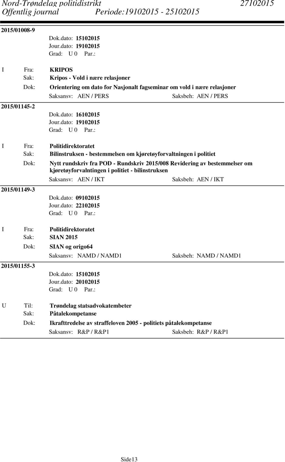 av bestemmelser om kjøretøyforvalntingen i politiet - bilinstruksen Saksansv: AEN / IKT Dok.