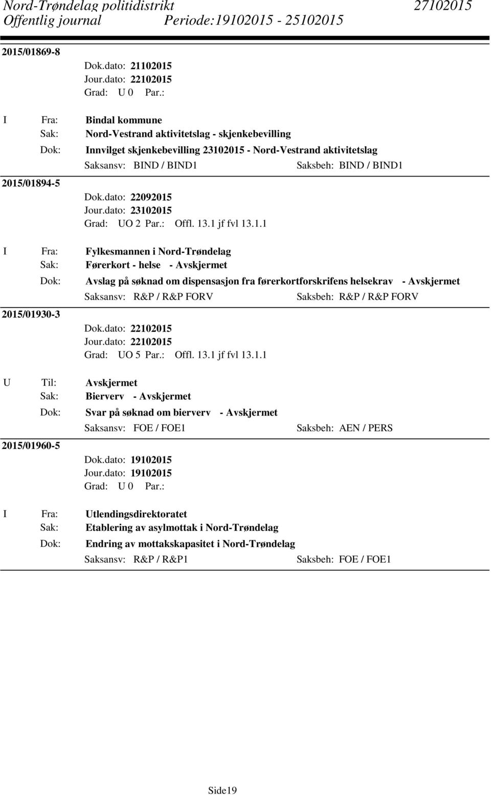 Dok.dato: 22092015 Sak: Førerkort - helse - Avskjermet 2015/01930-3 Saksbeh: BIND / BIND1 Avslag på søknad om dispensasjon fra førerkortforskrifens helsekrav - Avskjermet Dok.