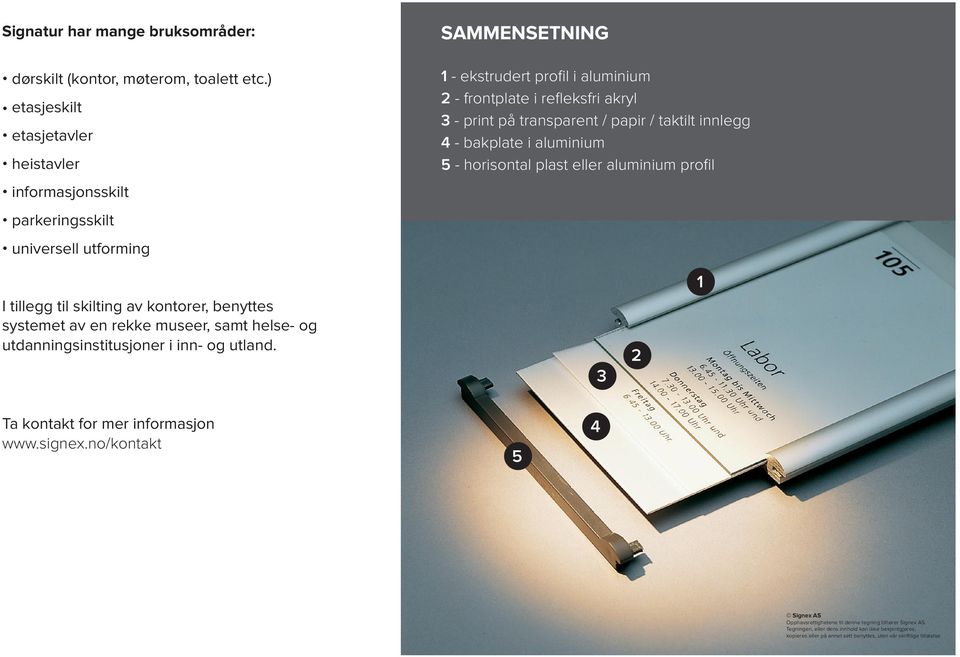 transparent / papir / taktilt innlegg 4 - bakplate i aluminium 5 - horisontal plast eller aluminium profil I tillegg til skilting av kontorer, benyttes systemet av en rekke museer, samt