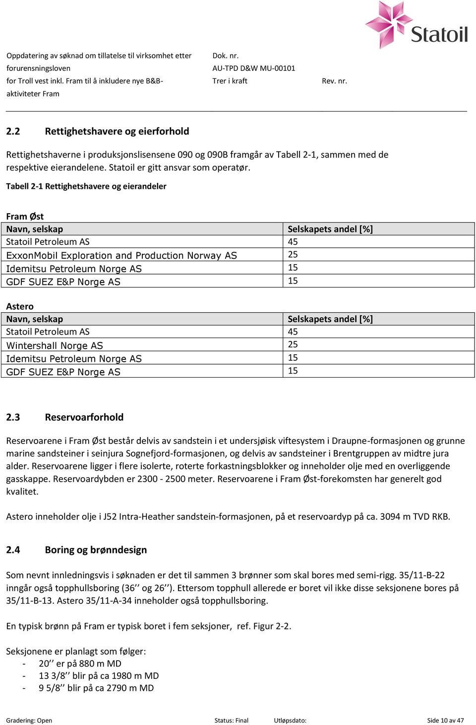 Tabell 2-1 Rettighetshavere og eierandeler Øst Navn, selskap Selskapets andel [%] Statoil Petroleum AS 45 ExxonMobil Exploration and Production Norway AS 25 Idemitsu Petroleum Norge AS 15 GDF SUEZ