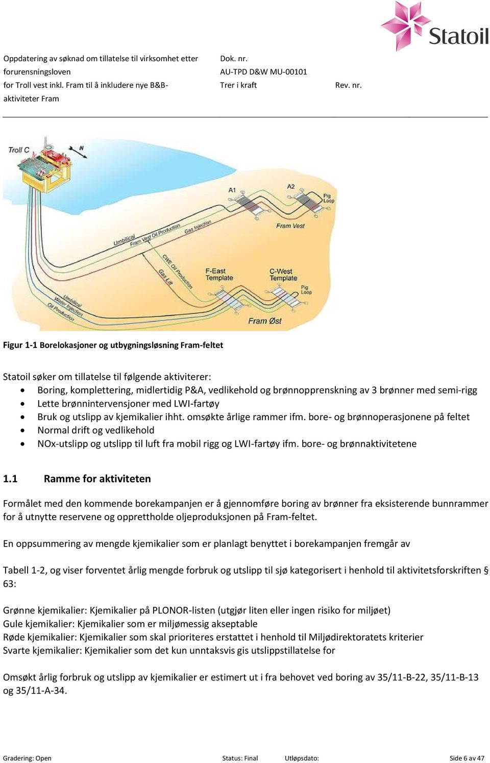 brønnopprenskning av 3 brønner med semi-rigg Lette brønnintervensjoner med LWI-fartøy Bruk og utslipp av kjemikalier ihht. omsøkte årlige rammer ifm.