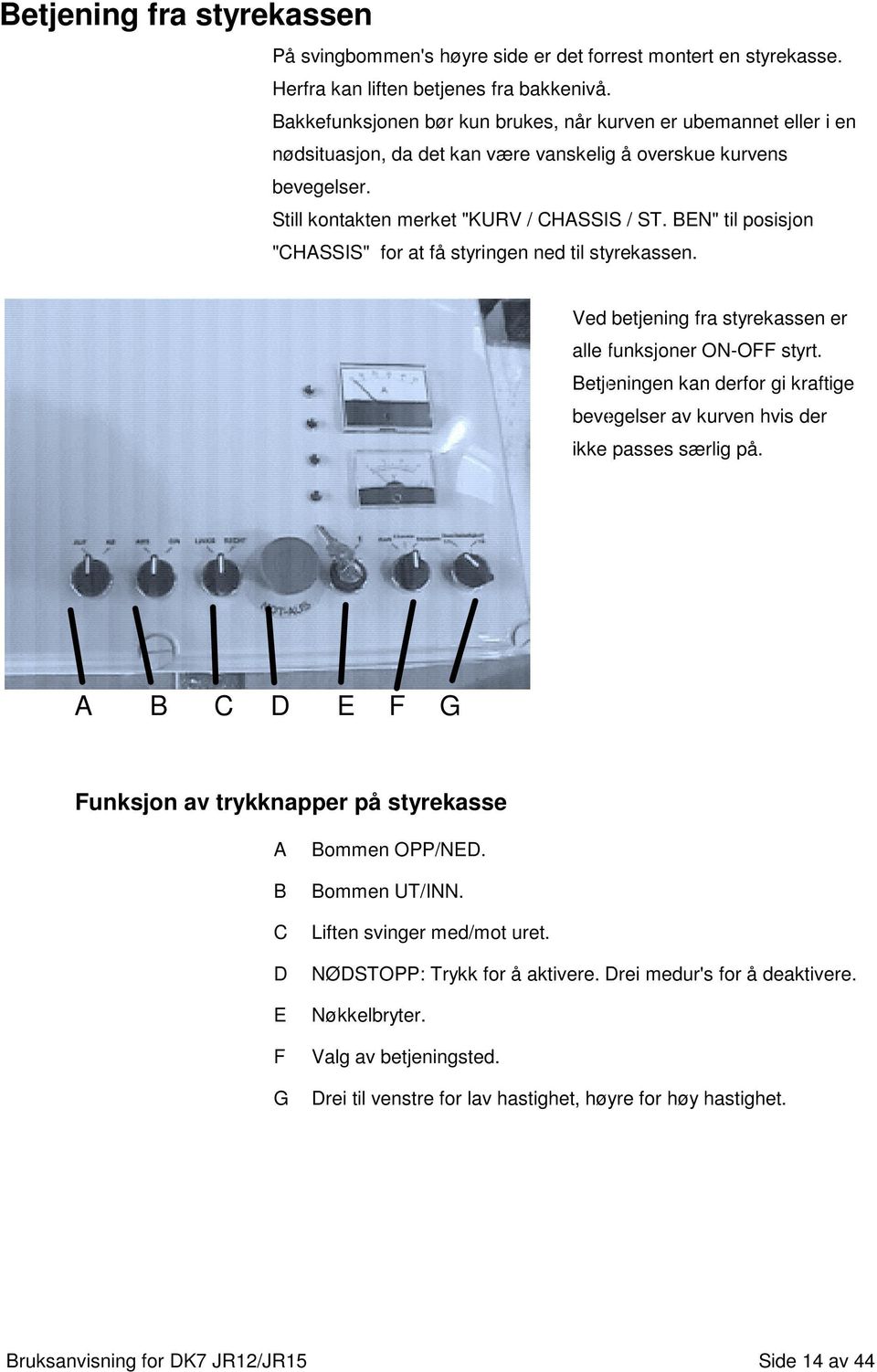 BEN" til posisjon "CHASSIS" for at få styringen ned til styrekassen. Ved betjening fra styrekassen er alle funksjoner ON-OFF styrt.