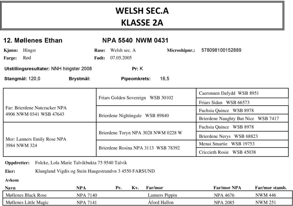 Golden Sovereign WSB 30102 Brierdene Nightingale WSB 89840 Brierdene Toryn NPA 3028 NWM 0228 W Brierdene Rosina NPA 3113 WSB 78392 Caeronnen Dafydd WSB 8951 Friars Sidan WSB 66573 Fuchsia Quince WSB