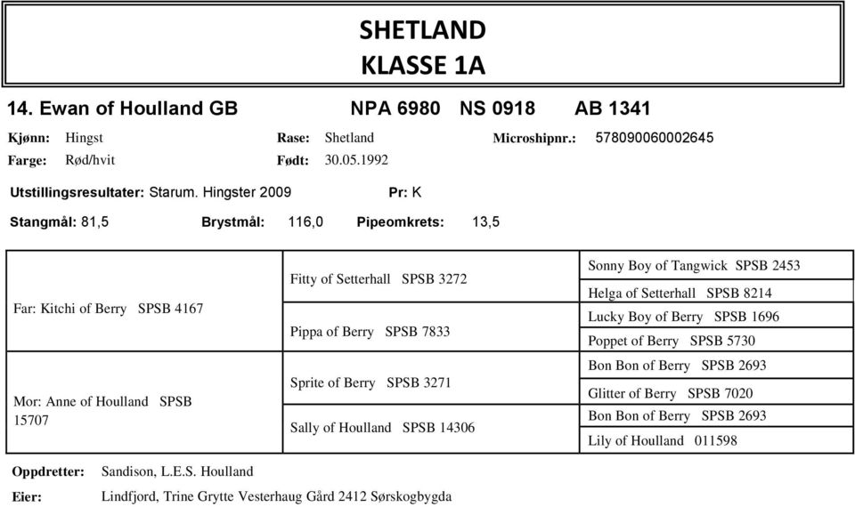 SPSB 7833 Sprite of Berry SPSB 3271 Sally of Houlland SPSB 14306 Sonny Boy of Tangwick SPSB 2453 Helga of Setterhall SPSB 8214 Lucky Boy of Berry SPSB 1696 Poppet of Berry