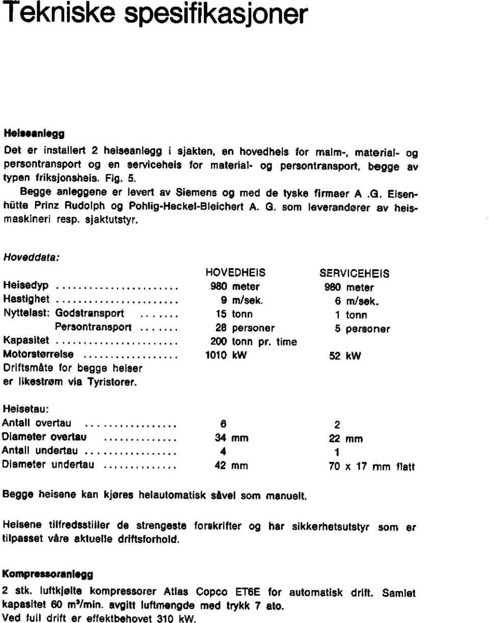 Hoveddata: HOVEDHEIS SERVICEHEIS Heisedyp 980 meter 980 meter HastIghet 9 m/sek. 6 m/sek. Nyttelast: Godstransport 15 tonn 1 tonn Persontransport 28 personer 5 personer KapasItet 200 tonn pr.