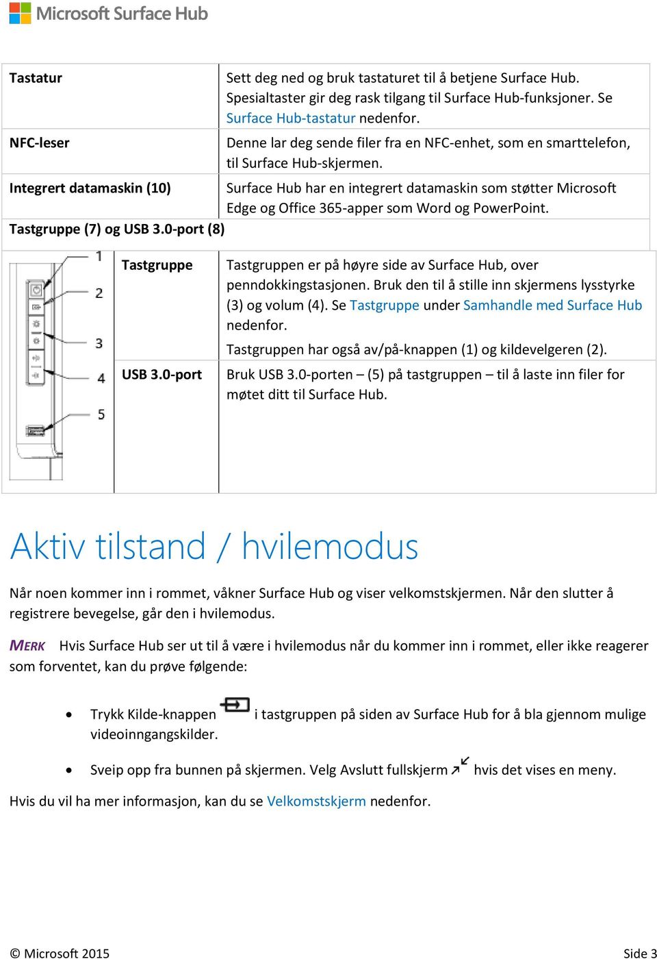 Integrert datamaskin (10) Surface Hub har en integrert datamaskin som støtter Microsoft Edge og Office 365-apper som Word og PowerPoint. Tastgruppe (7) og USB 3.0-port (8) Tastgruppe USB 3.