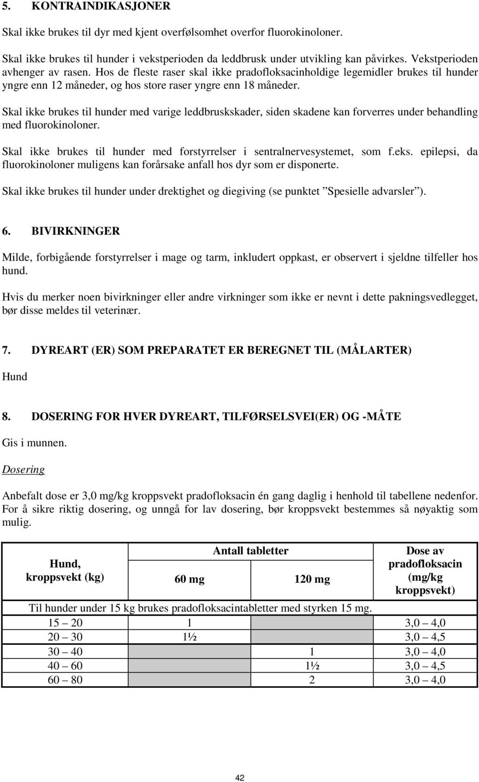 Skal ikke brukes til hunder med varige leddbruskskader, siden skadene kan forverres under behandling med fluorokinoloner. Skal ikke brukes til hunder med forstyrrelser i sentralnervesystemet, som f.