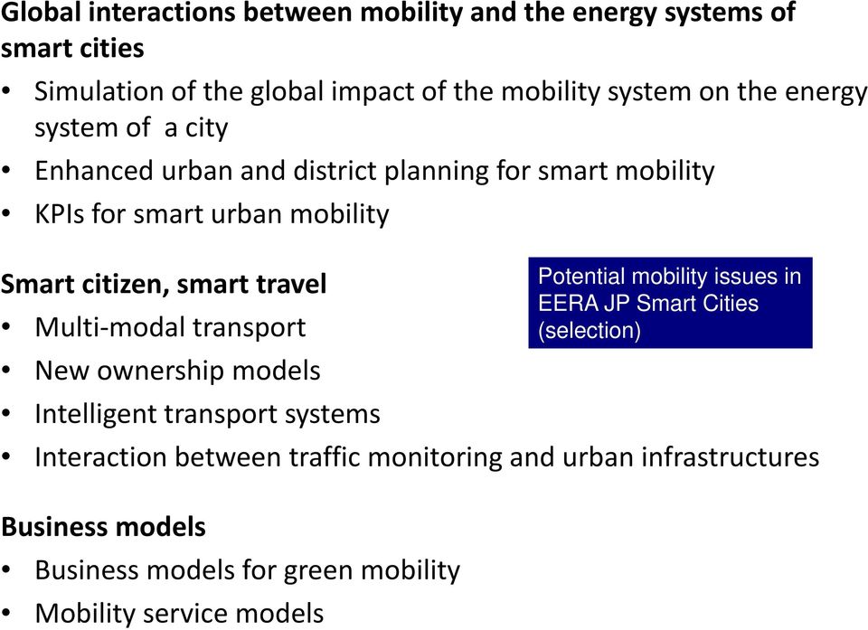 Multi-modal transport New ownership models Intelligent transport systems Interaction between traffic monitoring and urban infrastructures