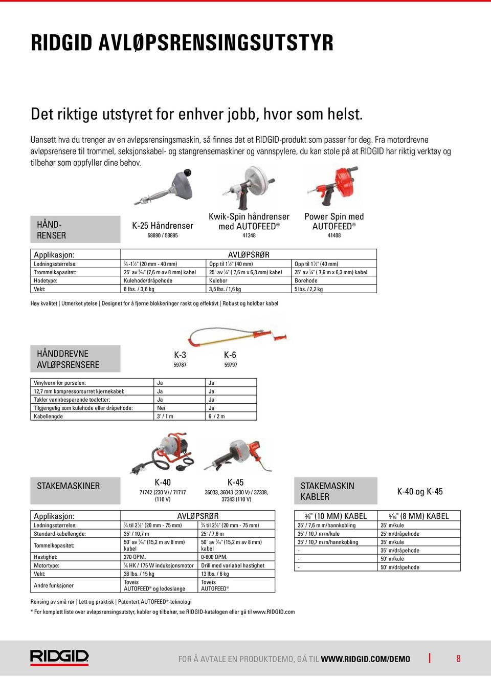 HÅND- RENSER K-25 Håndrenser Kwik-Spin håndrenser med AUTOFEED Power Spin med AUTOFEED 58890 / 58895 4148 41408 Applikasjon: AVLØPSRØR Ledningsstørrelse: 4-1 1 2" (20 mm - 40 mm) Opp til 1 1 2" (40