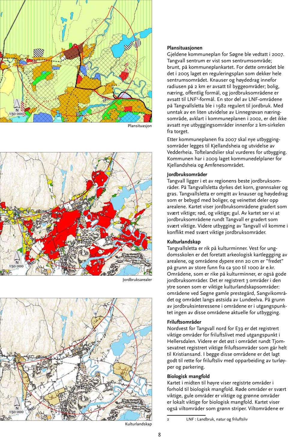 Knauser og høydedrag innefor radiusen på 2 km er avsatt til byggeområder; bolig, næring, offentlig formål, og jordbruksområdene er avsatt til LNF 2 -formål.