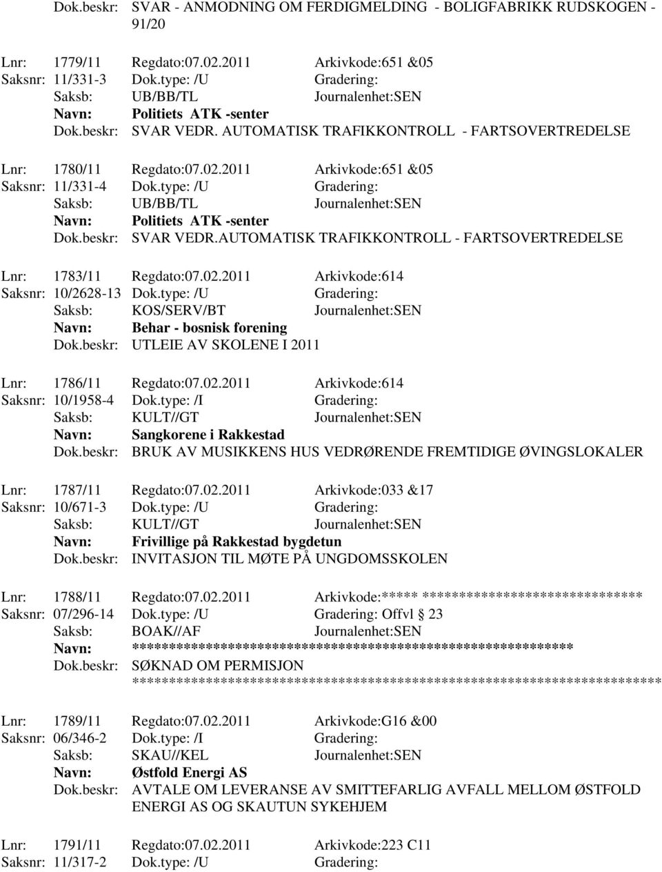 2011 Arkivkode:651 &05 Saksnr: 11/331-4 Dok.type: /U Saksb: UB/BB/TL Journalenhet:SEN Navn: Politiets ATK -senter Dok.beskr: SVAR VEDR.