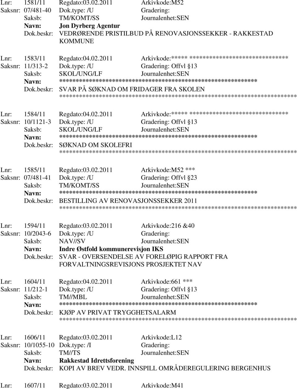 type: /U Offvl 13 Saksb: SKOL/UNG/LF Journalenhet:SEN Dok.beskr: SVAR PÅ SØKNAD OM FRIDAGER FRA SKOLEN Lnr: 1584/11 Regdato:04.02.