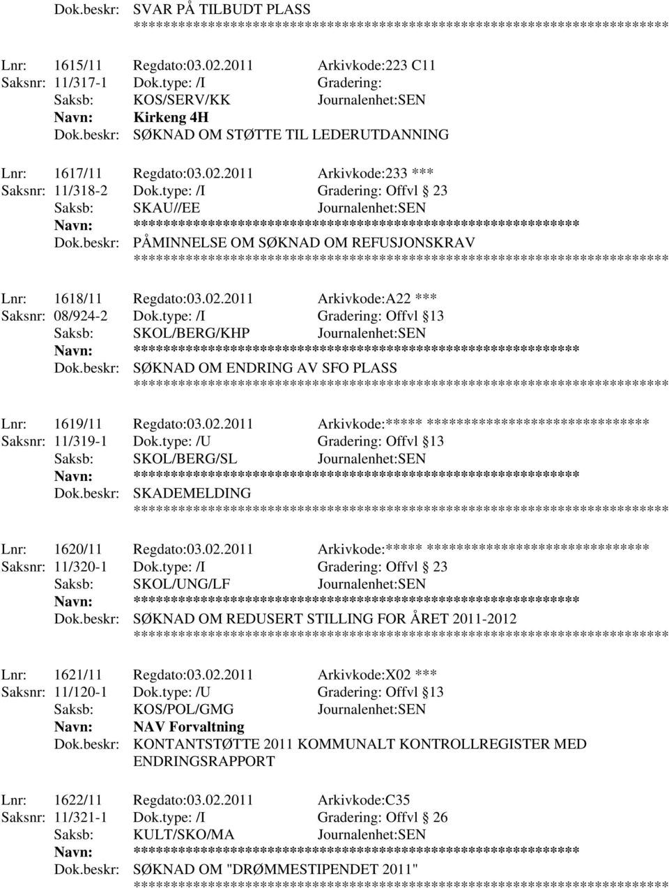 beskr: PÅMINNELSE OM SØKNAD OM REFUSJONSKRAV Lnr: 1618/11 Regdato:03.02.2011 Arkivkode:A22 *** Saksnr: 08/924-2 Dok.type: /I Offvl 13 Saksb: SKOL/BERG/KHP Journalenhet:SEN Dok.