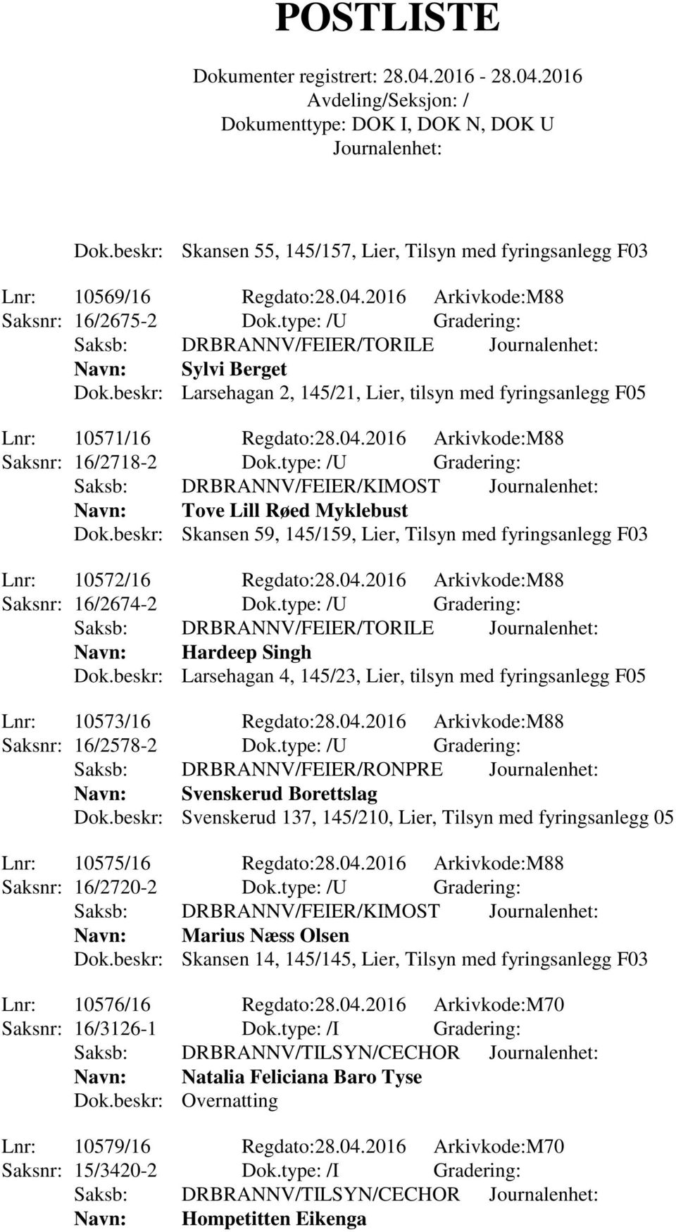 2016 Arkivkode:M88 Saksnr: 16/2718-2 Dok.type: /U Gradering: Saksb: DRBRANNV/FEIER/KIMOST Navn: Tove Lill Røed Myklebust Dok.