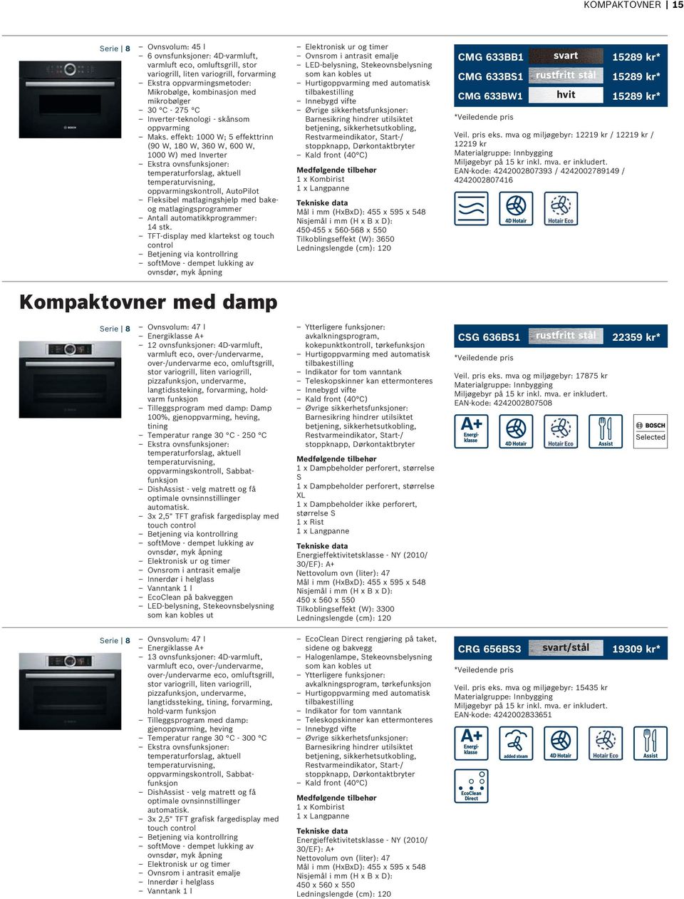 effekt: 1000 W; 5 effekttrinn (90 W, 180 W, 360 W, 600 W, 1000 W) med Inverter Ekstra ovnsfunksjoner: temperaturforslag, aktuell temperaturvisning, oppvarmingskontroll, AutoPilot Fleksibel