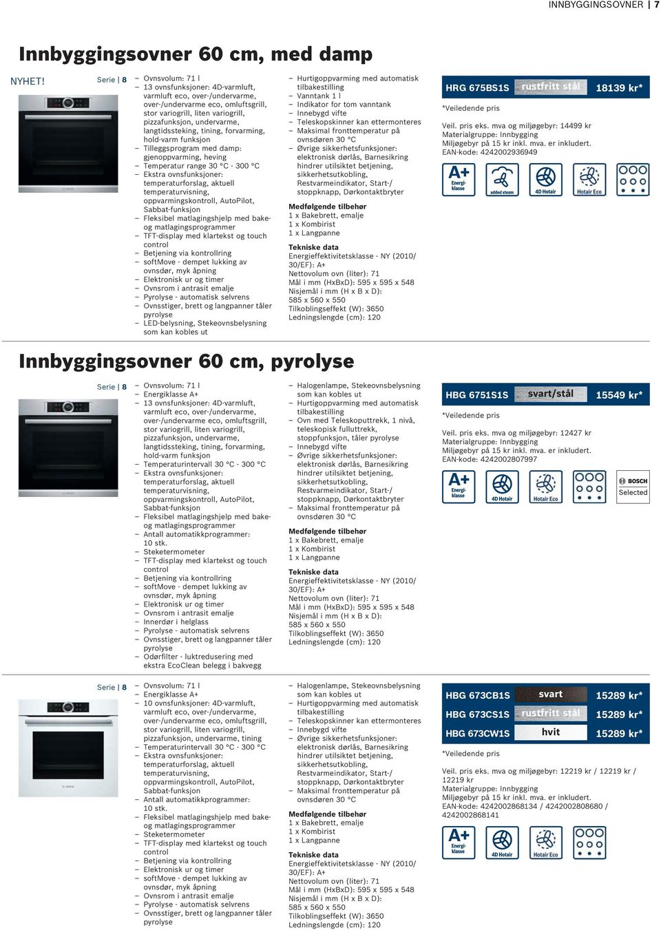 langtidssteking, tining, forvarming, hold-varm funksjon Tilleggsprogram med damp: gjenoppvarming, heving Temperatur range 30 C - 300 C Ekstra ovnsfunksjoner: temperaturforslag, aktuell