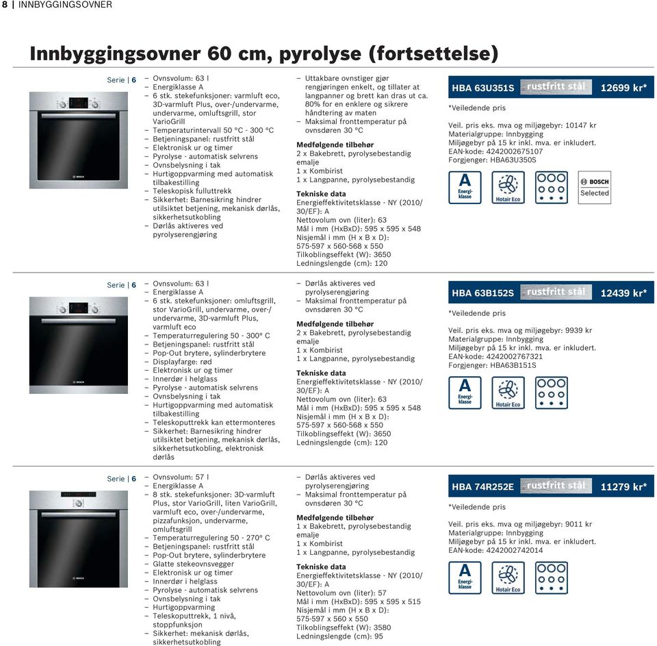 Pyrolyse - automatisk selvrens Ovnsbelysning i tak Hurtigoppvarming med automatisk tilbakestilling Teleskopisk fulluttrekk Sikkerhet: Barnesikring hindrer utilsiktet betjening, mekanisk dørlås,