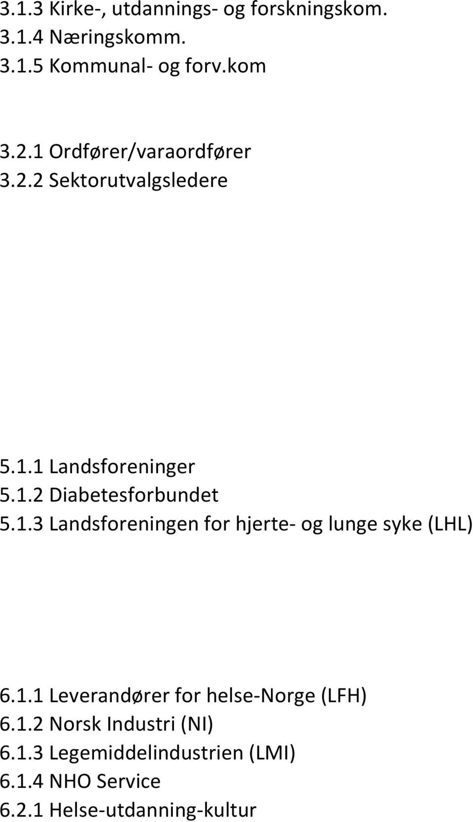 1.3 Landsforeningen for hjerte- og lunge syke (LHL) 6.1.1 Leverandører for helse-norge (LFH) 6.1.2 Norsk Industri (NI) 6.