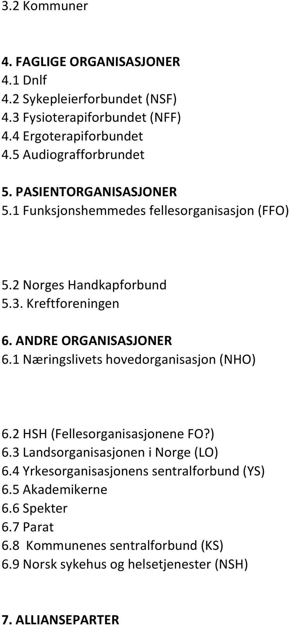ANDRE ORGANISASJONER 6.1 Næringslivets hovedorganisasjon (NHO) 6.2 HSH (Fellesorganisasjonene FO?) 6.3 Landsorganisasjonen i Norge (LO) 6.