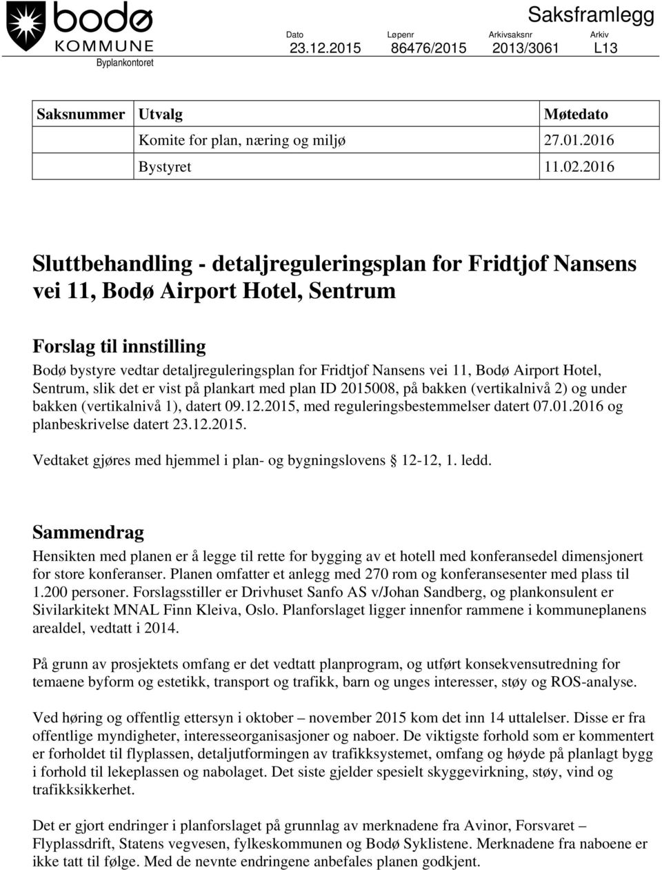 Bodø Airport Hotel, Sentrum, slik det er vist på plankart med plan ID 2015008, på bakken (vertikalnivå 2) og under bakken (vertikalnivå 1), datert 09.12.2015, med reguleringsbestemmelser datert 07.01.2016 og planbeskrivelse datert 23.