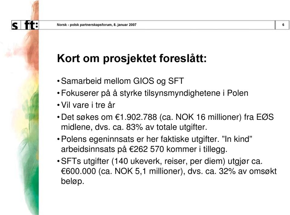 Vil vare i tre år Det søkes om 1.902.788 (ca. NOK 16 millioner) fra EØS midlene, dvs. ca. 83% av totale utgifter.