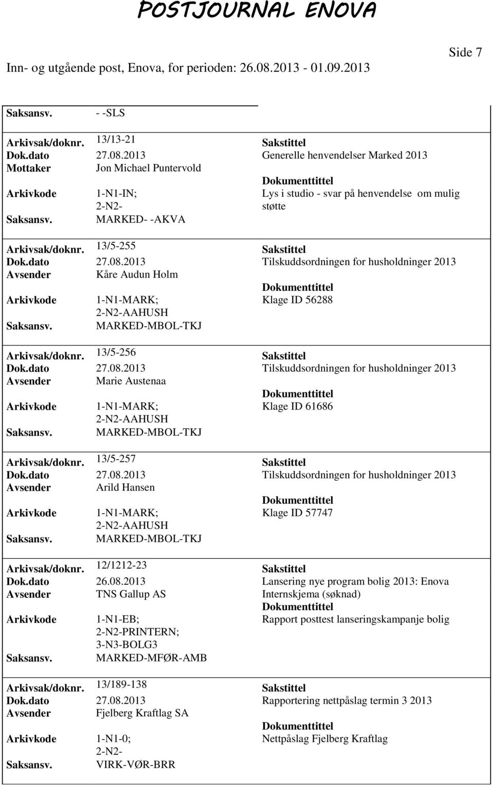 2013 Tilskuddsordningen for husholdninger 2013 Avsender Kåre Audun Holm 1-N1-MARK; Klage ID 56288 AAHUSH MARKED-MBOL-TKJ Arkivsak/doknr. 13/5-256 Sakstittel Dok.dato 27.08.