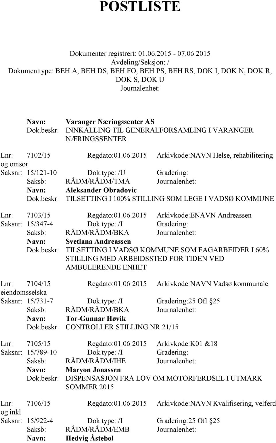 2015 Arkivkode:ENAVN Andreassen Saksnr: 15/347-4 Dok.type: /I Gradering: Saksb: RÅDM/RÅDM/BKA Svetlana Andreassen Dok.