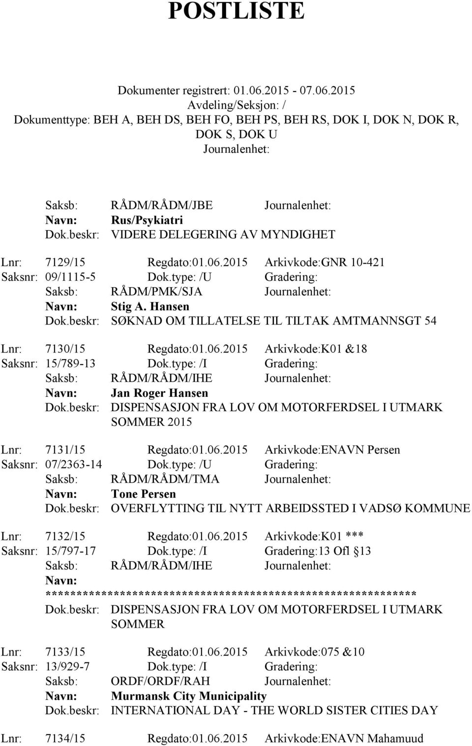 type: /I Gradering: Saksb: RÅDM/RÅDM/IHE Jan Roger Hansen SOMMER 2015 Lnr: 7131/15 Regdato:01.06.2015 Arkivkode:ENAVN Persen Saksnr: 07/2363-14 Dok.