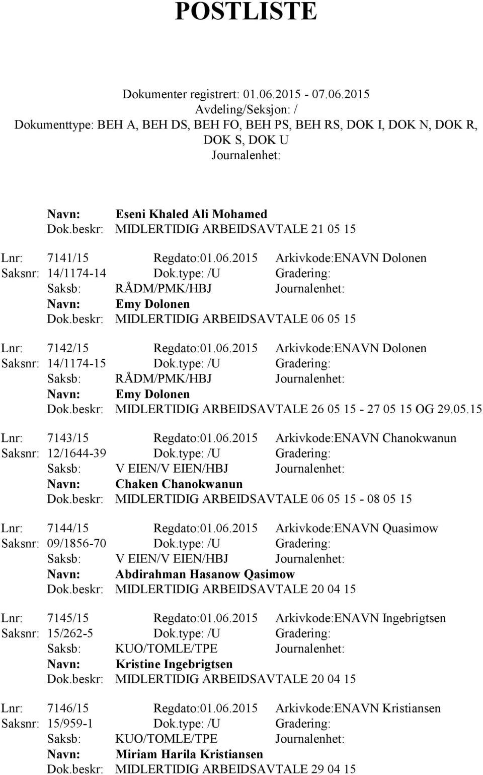 type: /U Gradering: Saksb: RÅDM/PMK/HBJ Emy Dolonen Dok.beskr: MIDLERTIDIG ARBEIDSAVTALE 26 05 15-27 05 15 OG 29.05.15 Lnr: 7143/15 Regdato:01.06.