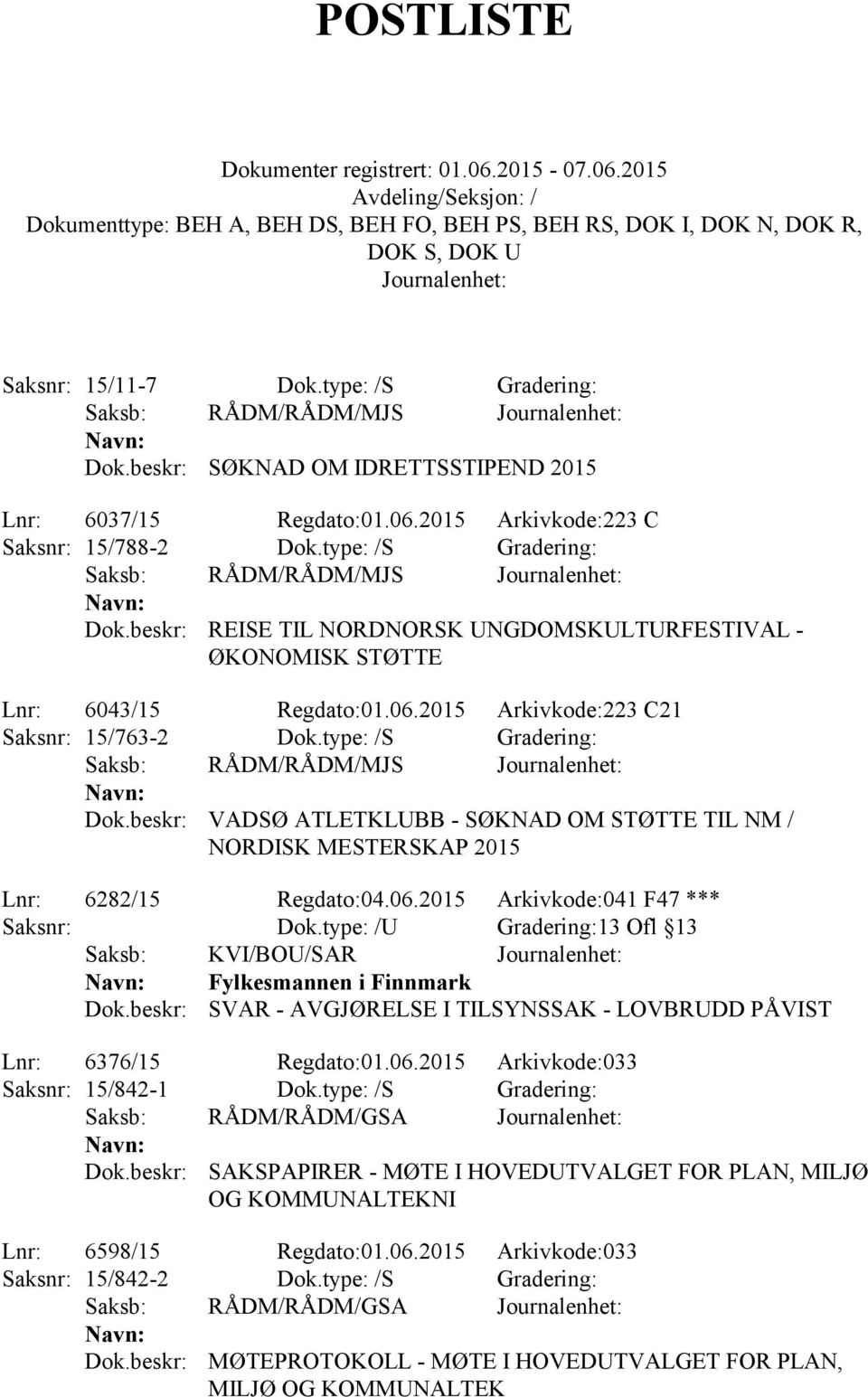 type: /S Gradering: Saksb: RÅDM/RÅDM/MJS Dok.beskr: VADSØ ATLETKLUBB - SØKNAD OM STØTTE TIL NM / NORDISK MESTERSKAP 2015 Lnr: 6282/15 Regdato:04.06.