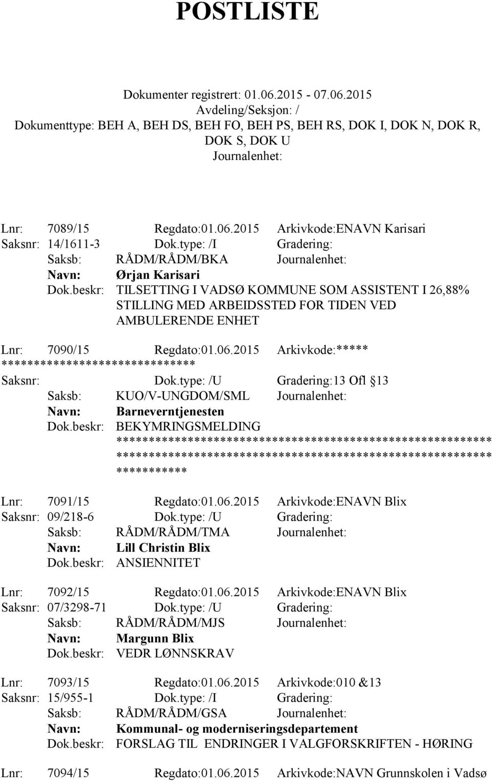 2015 Arkivkode:***** Saksb: KUO/V-UNGDOM/SML Barneverntjenesten Dok.beskr: BEKYMRINGSMELDING Lnr: 7091/15 Regdato:01.06.2015 Arkivkode:ENAVN Blix Saksnr: 09/218-6 Dok.