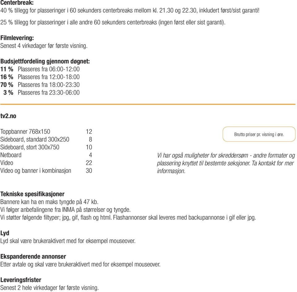 Budsjettfordeling gjennom døgnet: 11 % Plasseres fra 06:00-12:00 16 % Plasseres fra 12:00-18:00 70 % Plasseres fra 18:00-23:30 3 % Plasseres fra 23:30-06:00 tv2.