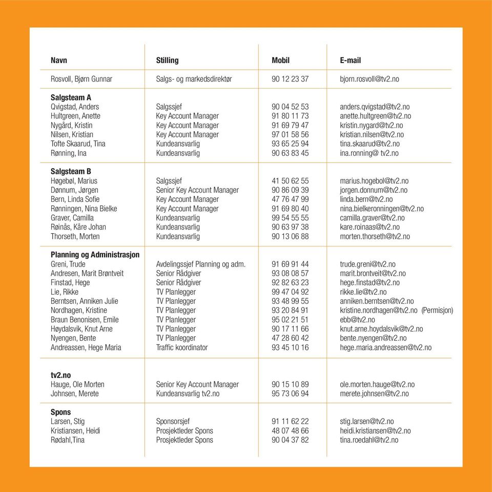 no Nilsen, Kristian Key Account Manager 97 01 58 56 kristian.nilsen@tv2.no Tofte Skaarud, Tina Kundeansvarlig 93 65 25 94 tina.skaarud@tv2.no Rønning, Ina Kundeansvarlig 90 63 83 45 ina.ronning@ tv2.