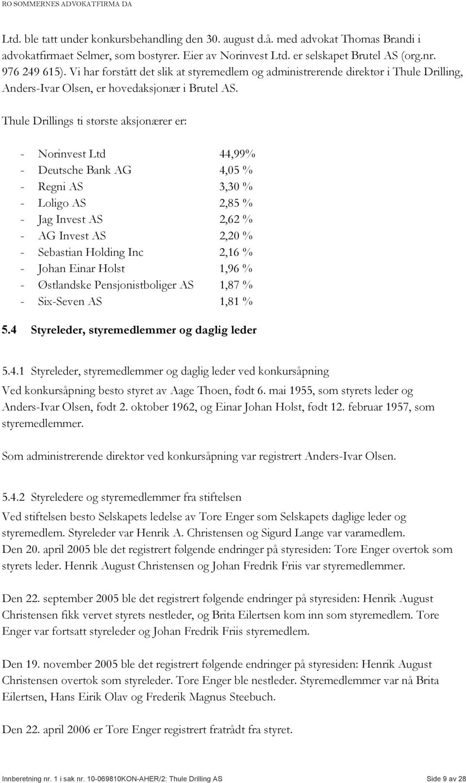 Thule Drillings ti største aksjonærer er: - Norinvest Ltd 44,99% - Deutsche Bank AG 4,05 % - Regni AS 3,30 % - Loligo AS 2,85 % - Jag Invest AS 2,62 % - AG Invest AS 2,20 % - Sebastian Holding Inc