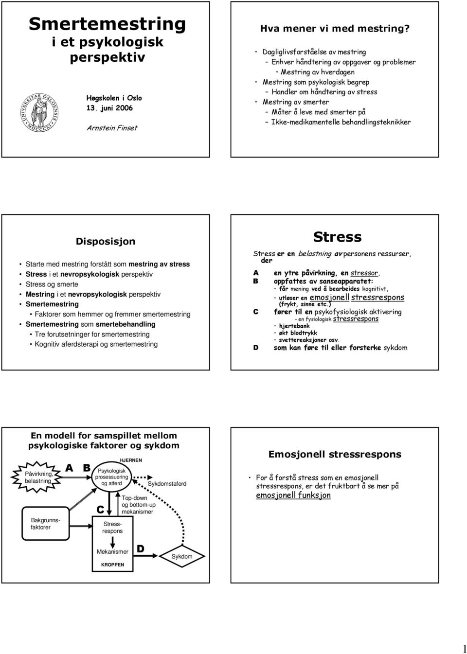 smerter på Ikke-medikamentelle behandlingsteknikker Disposisjon Starte med mestring forstått som mestring av stress Stress i et nevropsykologisk perspektiv Stress og smerte Mestring i et