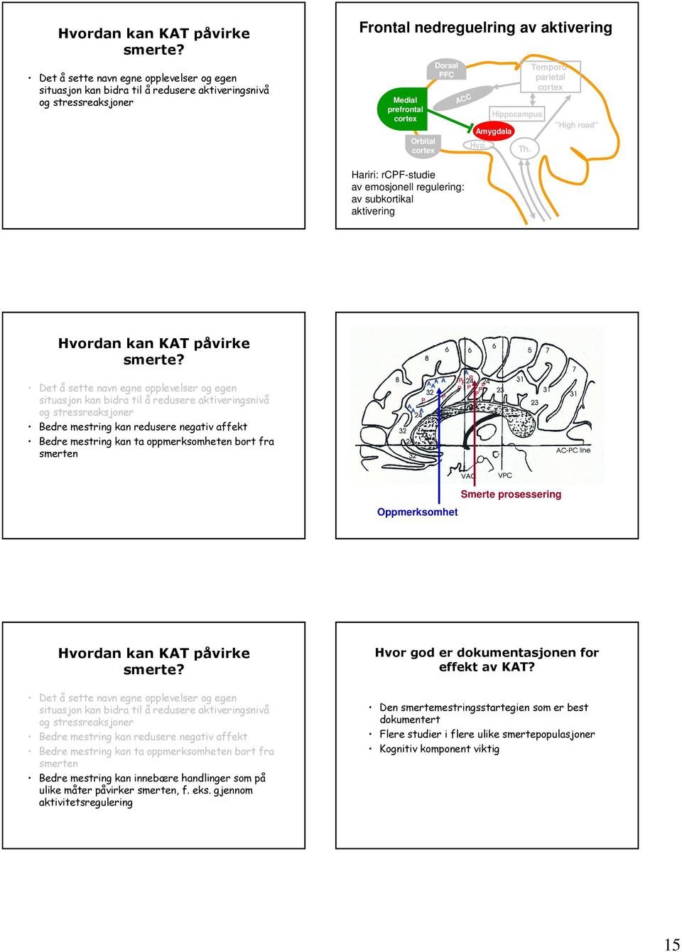 Hippocampus Temporoparietal High road Hariri: rcpf-studie av emosjonell regulering: av subkortikal aktivering  Det å sette navn egne opplevelser og egen situasjon kan bidra til å redusere