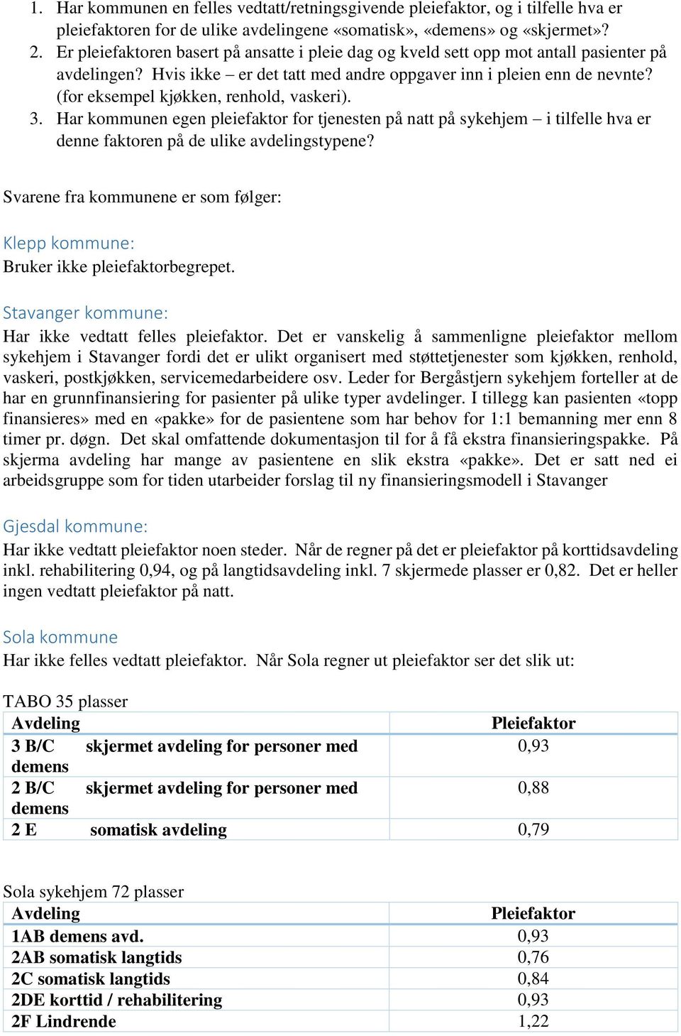 (for eksempel kjøkken, renhold, vaskeri). 3. Har kommunen egen pleiefaktor for tjenesten på natt på sykehjem i tilfelle hva er denne faktoren på de ulike avdelingstypene?