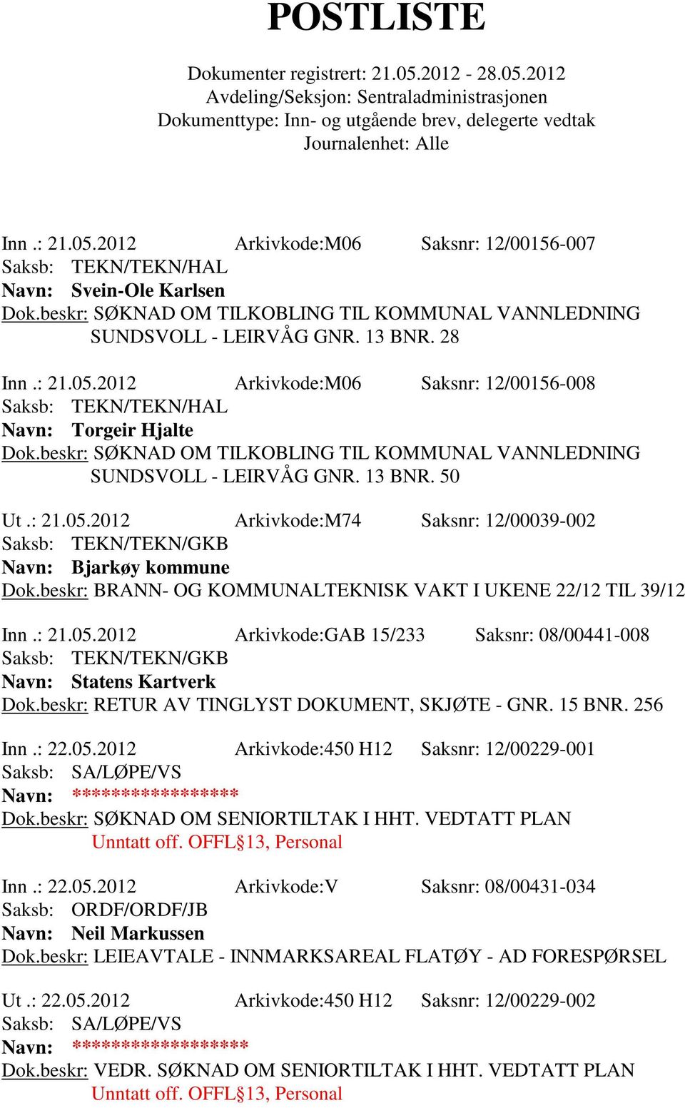 beskr: BRANN- OG KOMMUNALTEKNISK VAKT I UKENE 22/12 TIL 39/12 Inn.: 21.05.2012 Arkivkode:GAB 15/233 Saksnr: 08/00441-008 Navn: Statens Kartverk Dok.beskr: RETUR AV TINGLYST DOKUMENT, SKJØTE - GNR.