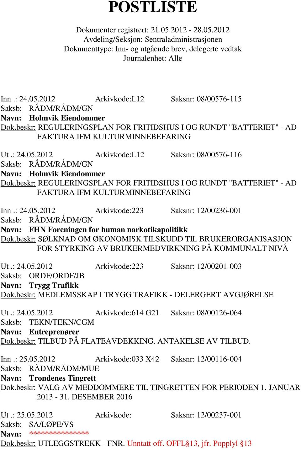 2012 Arkivkode:223 Saksnr: 12/00236-001 Navn: FHN Foreningen for human narkotikapolitikk Dok.