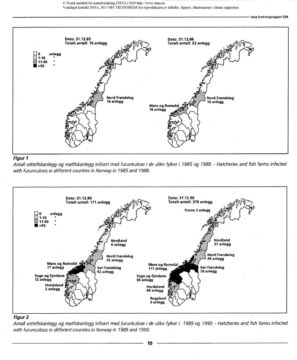 matfiskanlegg infisert med furunkulose i de ulike fylker i 1985 og 1988. - Hatcheries and fish farms infected with furunculosis in different counties in Norway in 1985 and 1988.