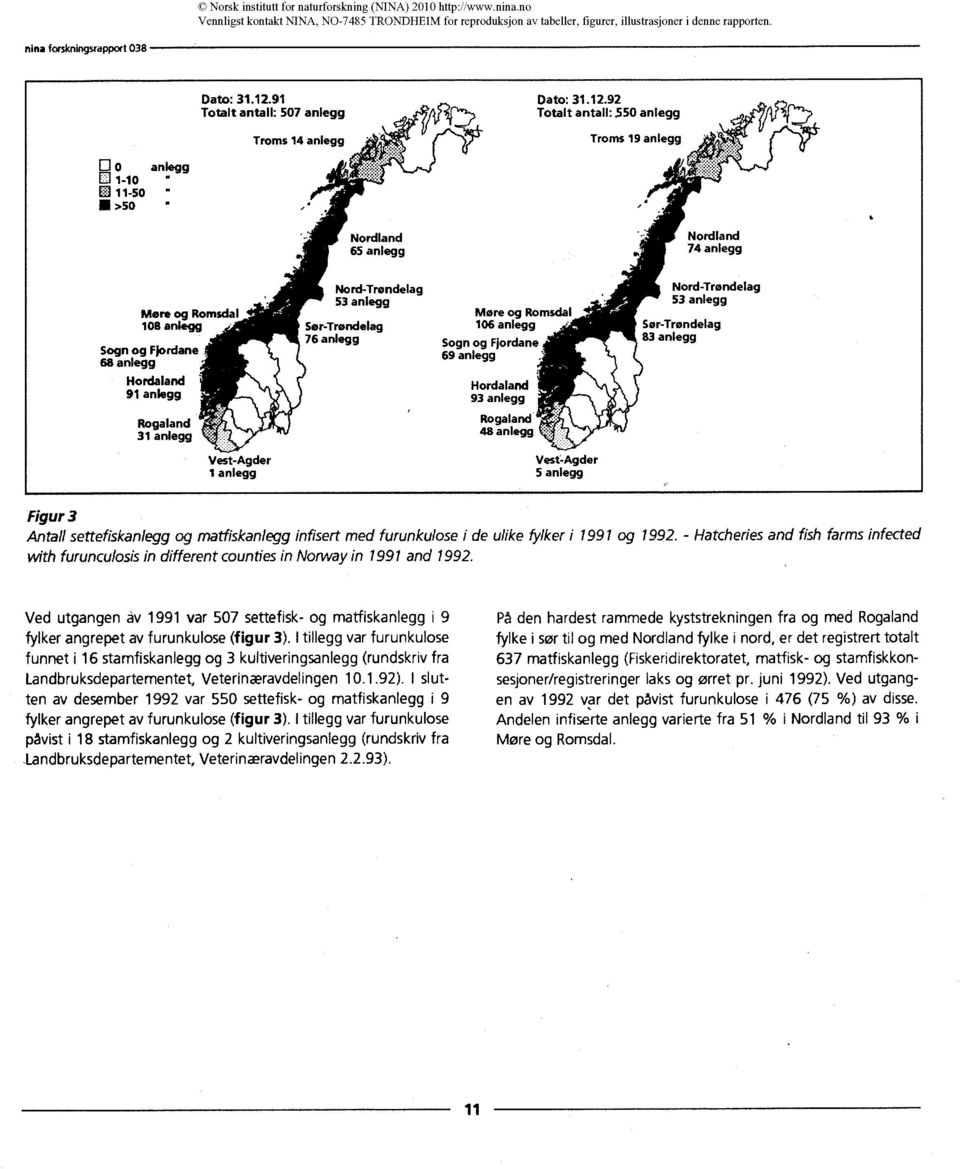 infisert med furunkulose i de ulike fylker i 1991 og 1992. - Hatcheries and fish farms infected with furunculosis in different counties in Norway in 1991 and 1992.