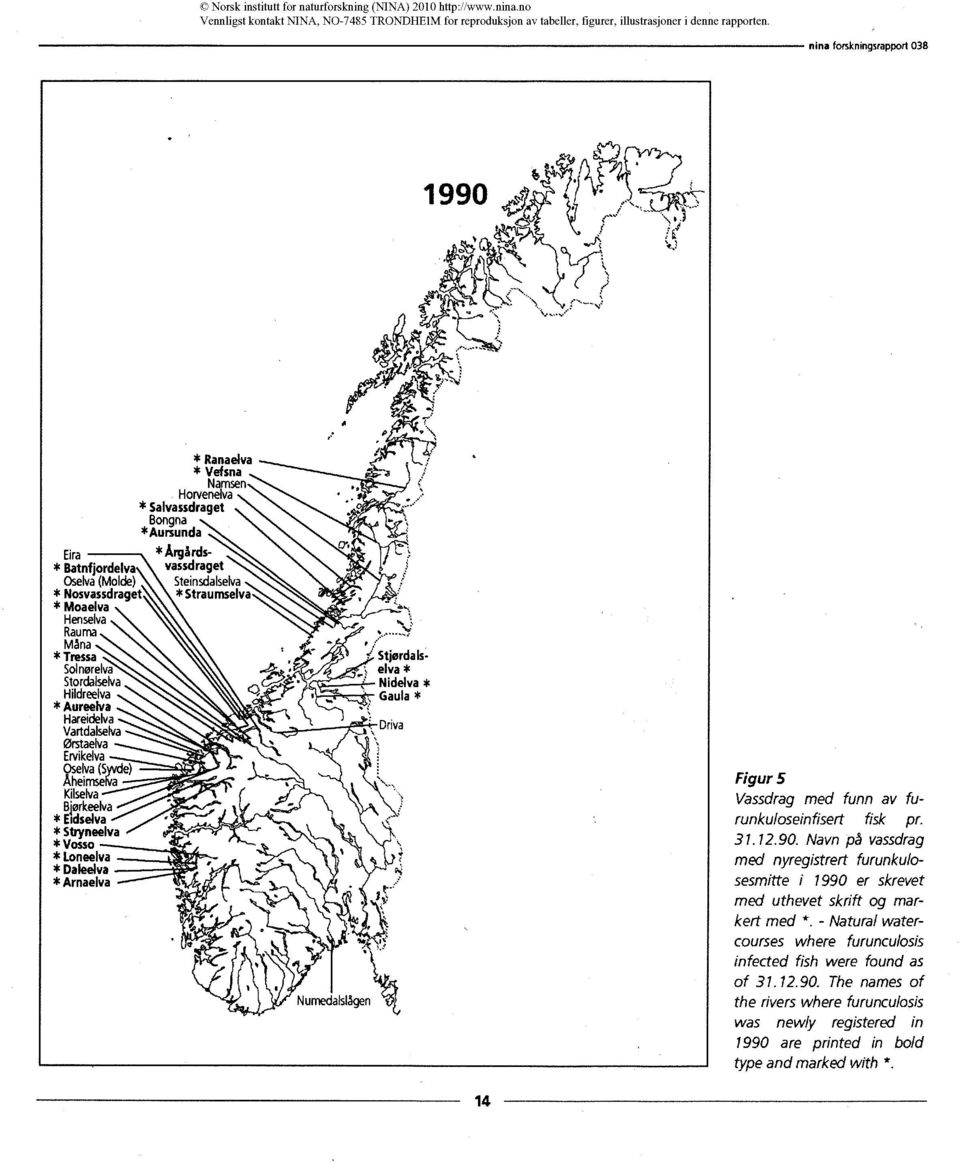 Loneelva Dakeiva Arnaelva Stjørdalselva* Nidelva * Gaula 14 Figur 5 Vassdrag med funn av furunkuloseinfisert fisk pr. 31.12.90.